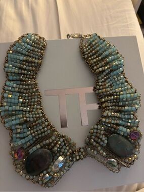 Statement Beaded Collar Necklace in Light Blue and Gold